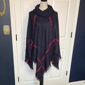 LAVA Accessories Black Acrylic Sweater Poncho Red Plaid Fringe Detail Turtleneck